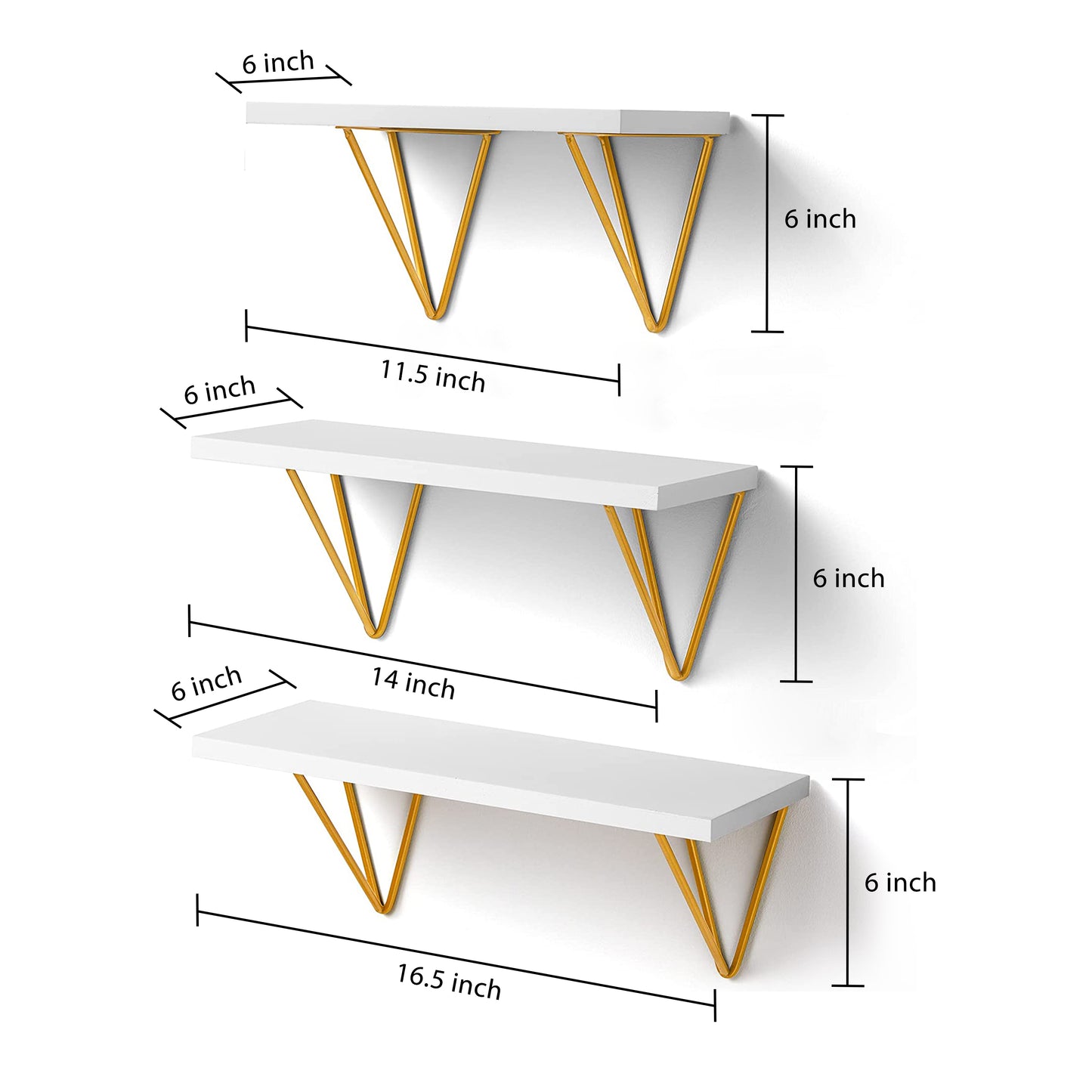 Home Sparkle Floating Shelves, Wall Shelf White and Gold for Bathroom/Bedroom/Living Room/Kitchen 3 Sets