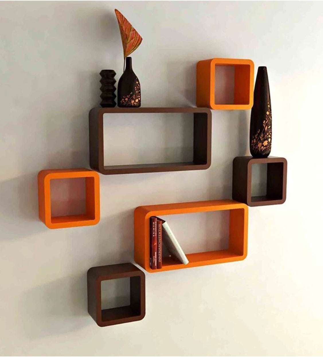 Home Sparkle MDF Wall Mounted Floating Decorative Cube Shelves Set of 6 (Brown and Orange)
