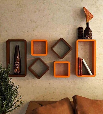 Home Sparkle MDF Wall Mounted Floating Decorative Cube Shelves Set of 6 (Brown and Orange)