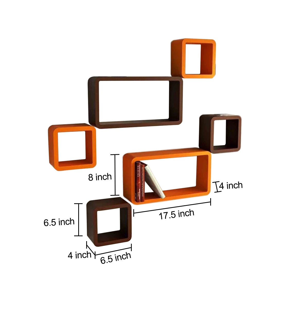Home Sparkle MDF Wall Mounted Floating Decorative Cube Shelves Set of 6 (Brown and Orange)
