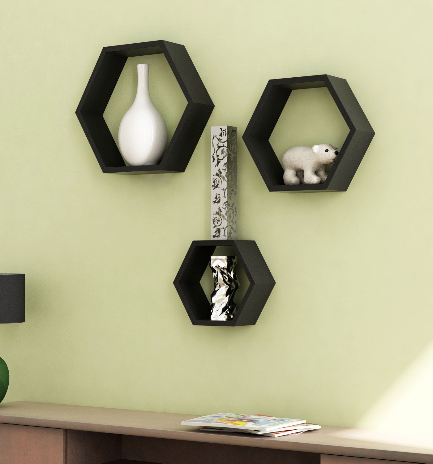 Home Sparkle wooden Hexagonal shaped Wall Shelf Set of 3 |  Decorative shelves For bed room, living room, office, restaurant | Modern Unique Designer Wall shelf Rack for Home | Engineered wood Designer Shelf for Lobby & Bedrooms.